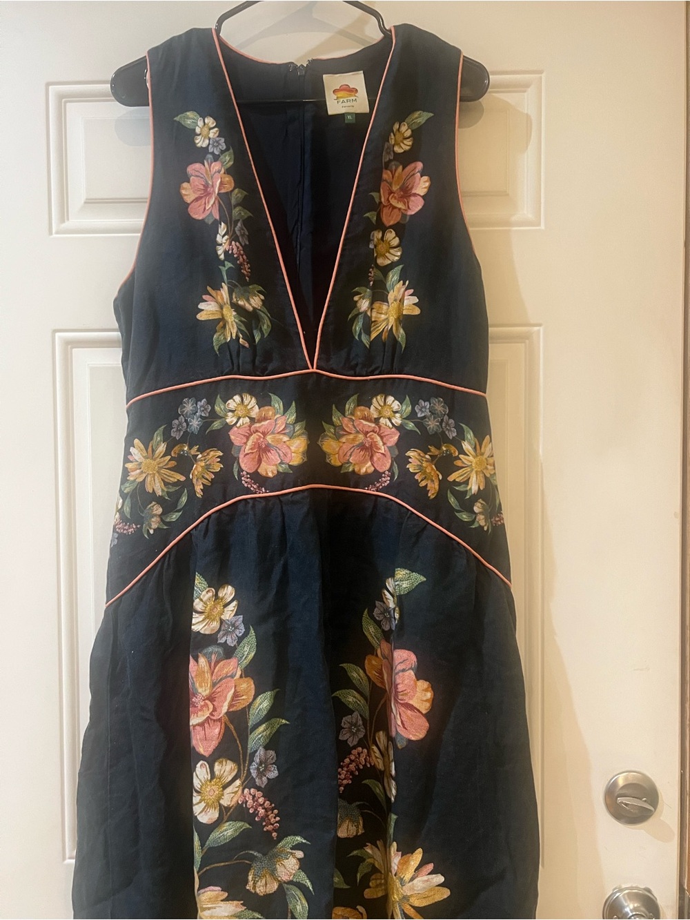FARM Rio Navy Floral Embroidered V-Neck Dress with Pink Piping